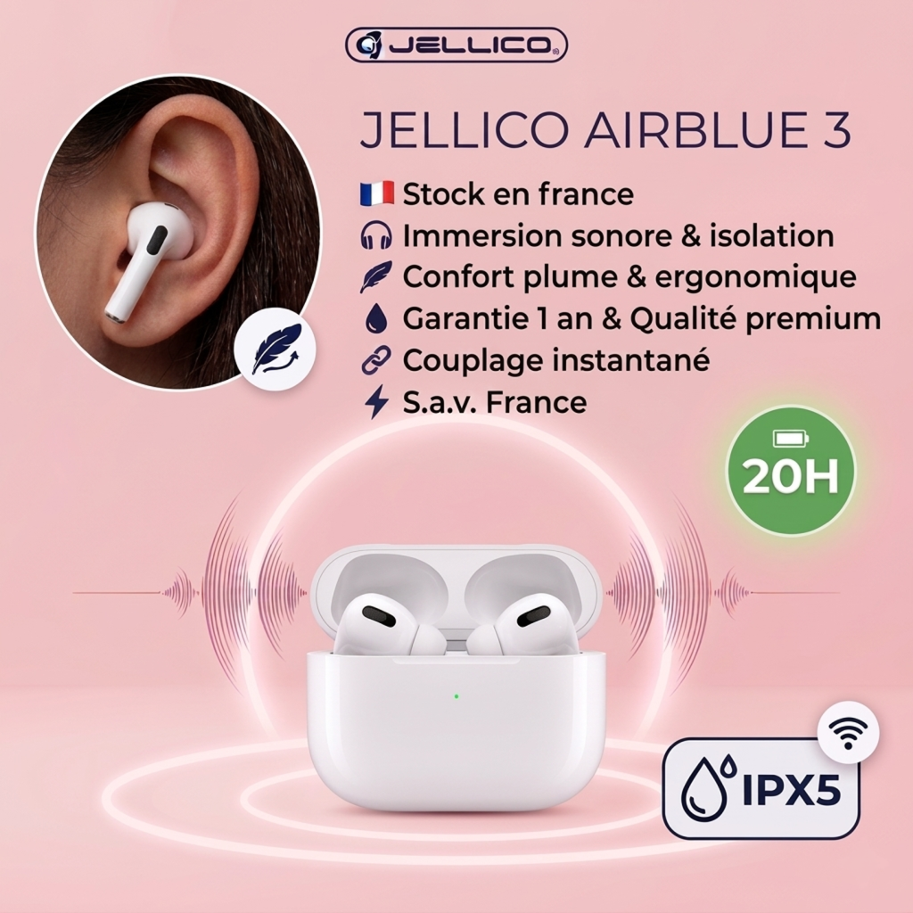 JELLICO - Écouteurs Sans Fil Bluetooth 5.1 – Intra-auriculaires AirBlue 3 TWS Pods | Blanc