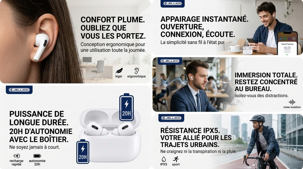 JELLICO - Écouteurs Sans Fil Bluetooth 5.1 – Intra-auriculaires AirBlue 3 TWS Pods | Blanc