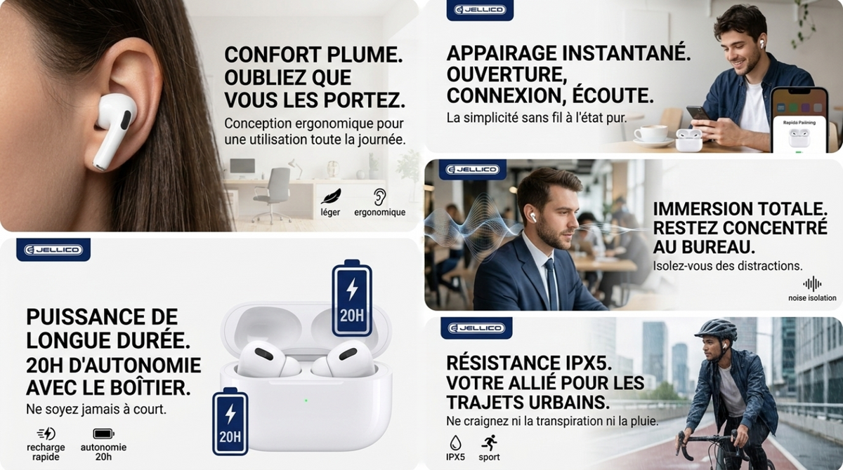 JELLICO - Écouteurs Sans Fil Bluetooth 5.1 – Intra-auriculaires AirBlue 3 TWS Pods | Blanc
