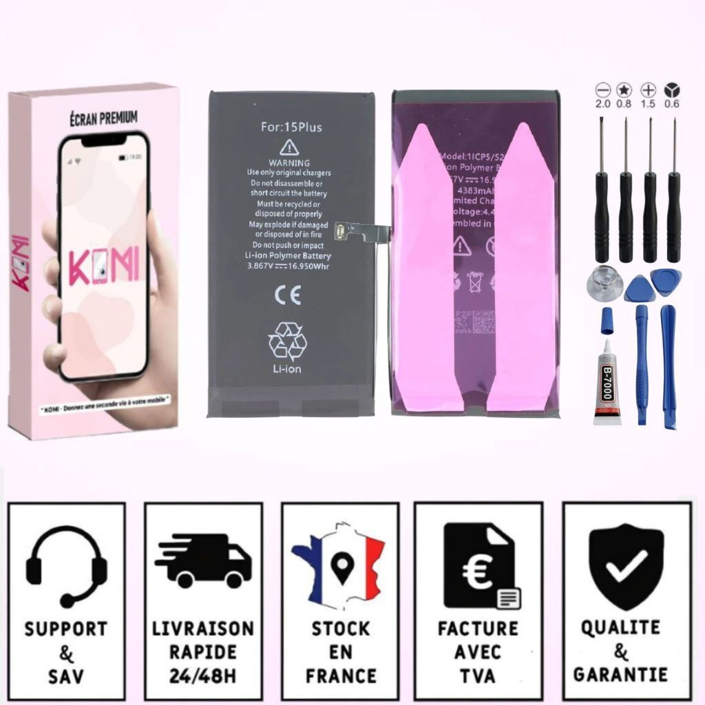 Batterie iPhone 15 Plus avec badges garantie