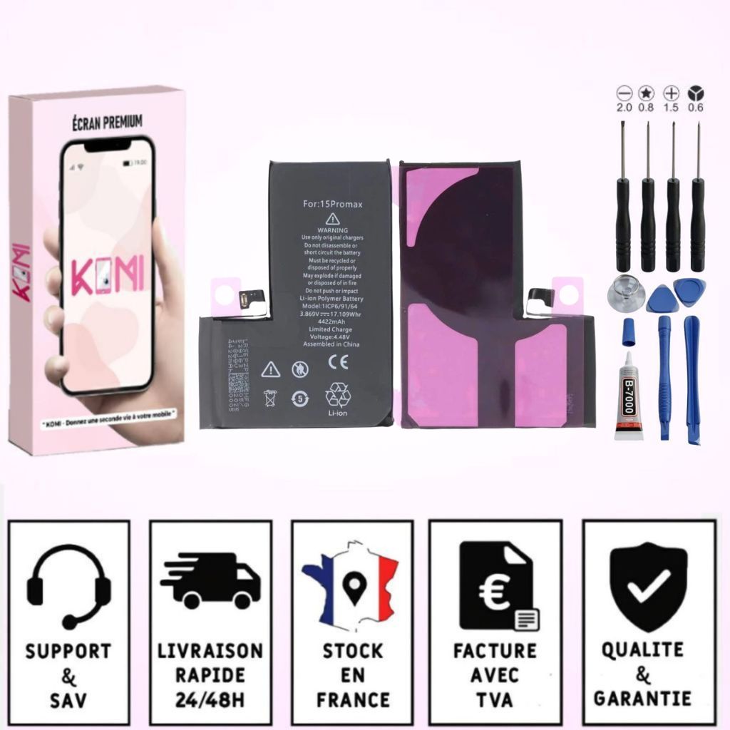 Batterie iPhone 15 Pro Max avec badges garantie