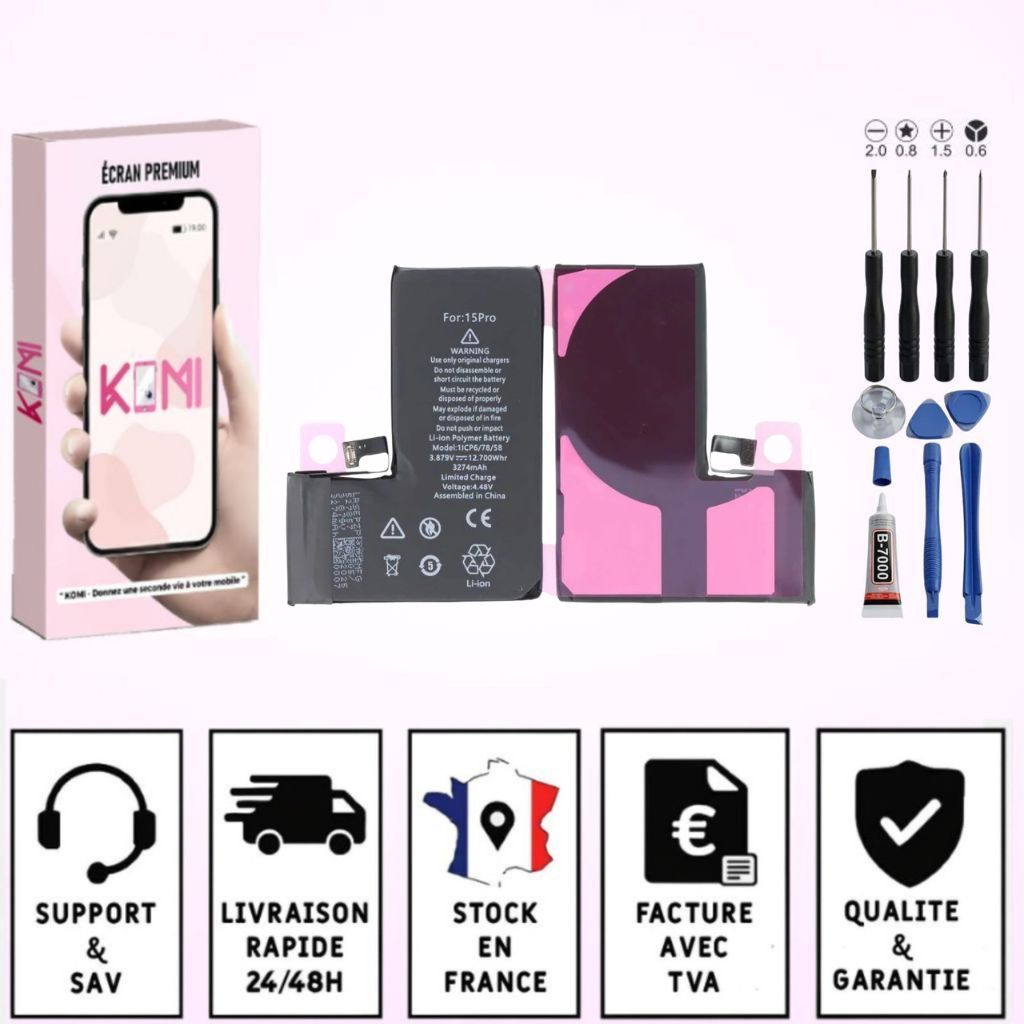 Batterie iPhone 15 Pro avec badges garantie
