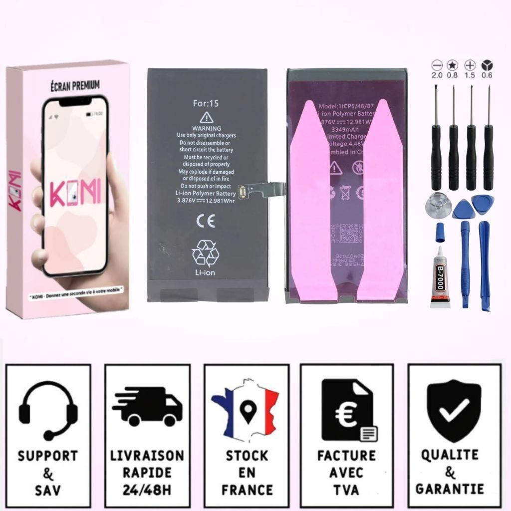 Batterie iPhone 15 avec badges garantie