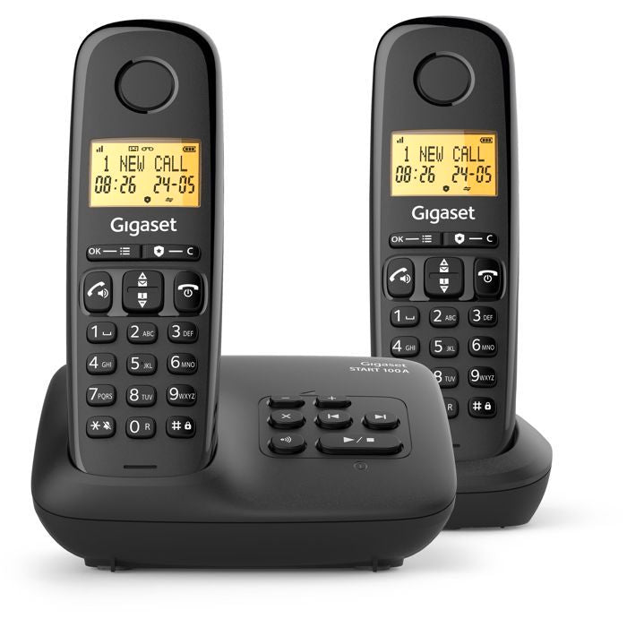 Téléphone fixe - GIGASET - Basic 100A DUO - Répondeur - Mains libres - Ecran rétroéclairé - Répertoire 50 contacts - Blocage - Noir