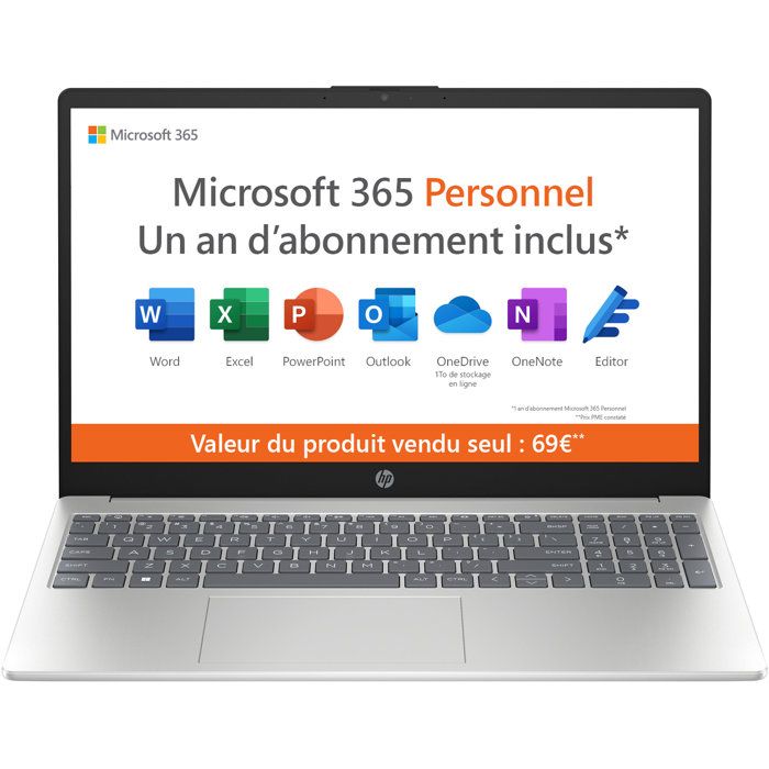 PC Portable HP 15-fc0020nf - Windows 11 + Microsoft 365 inclus 1 an - 15,6 FHD - Athlon Silver 7120U - RAM 4Go - 128Go SSD - AZERTY