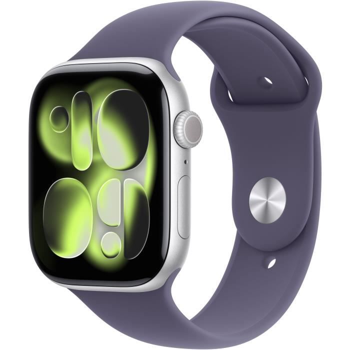 Apple Watch Series 11 GPS + Cellular - 46mm - Boîtier Silver Aluminium - Bracelet Purple Fog Sport Band - S/M