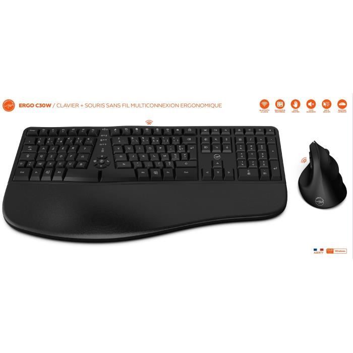 Ensemble clavier + souris - MOBILITY LAB - ERGO C30W - Full-size - USB 2,4 GHz + Bluetooth x2 - AZERTY Ergonomique