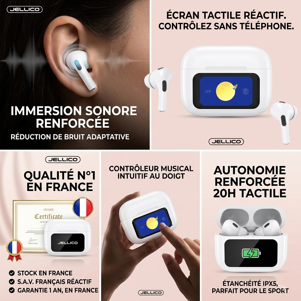 JELLICO - Écouteurs Sans Fil Bluetooth AirBlue Pro 3 – Écran LED & Commandes Tactiles Pods | Blanc