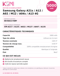 Fiche produit KOMI - Batterie Samsung A21s / A12 / A02 / M12 / A04s / A13 4G