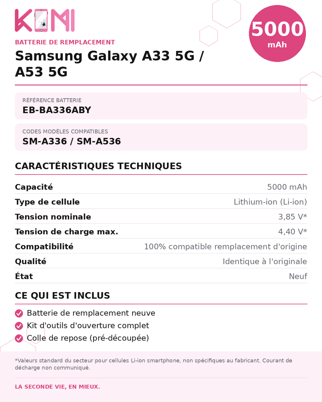 Fiche produit KOMI - Batterie Samsung A33 5G / A53 5G