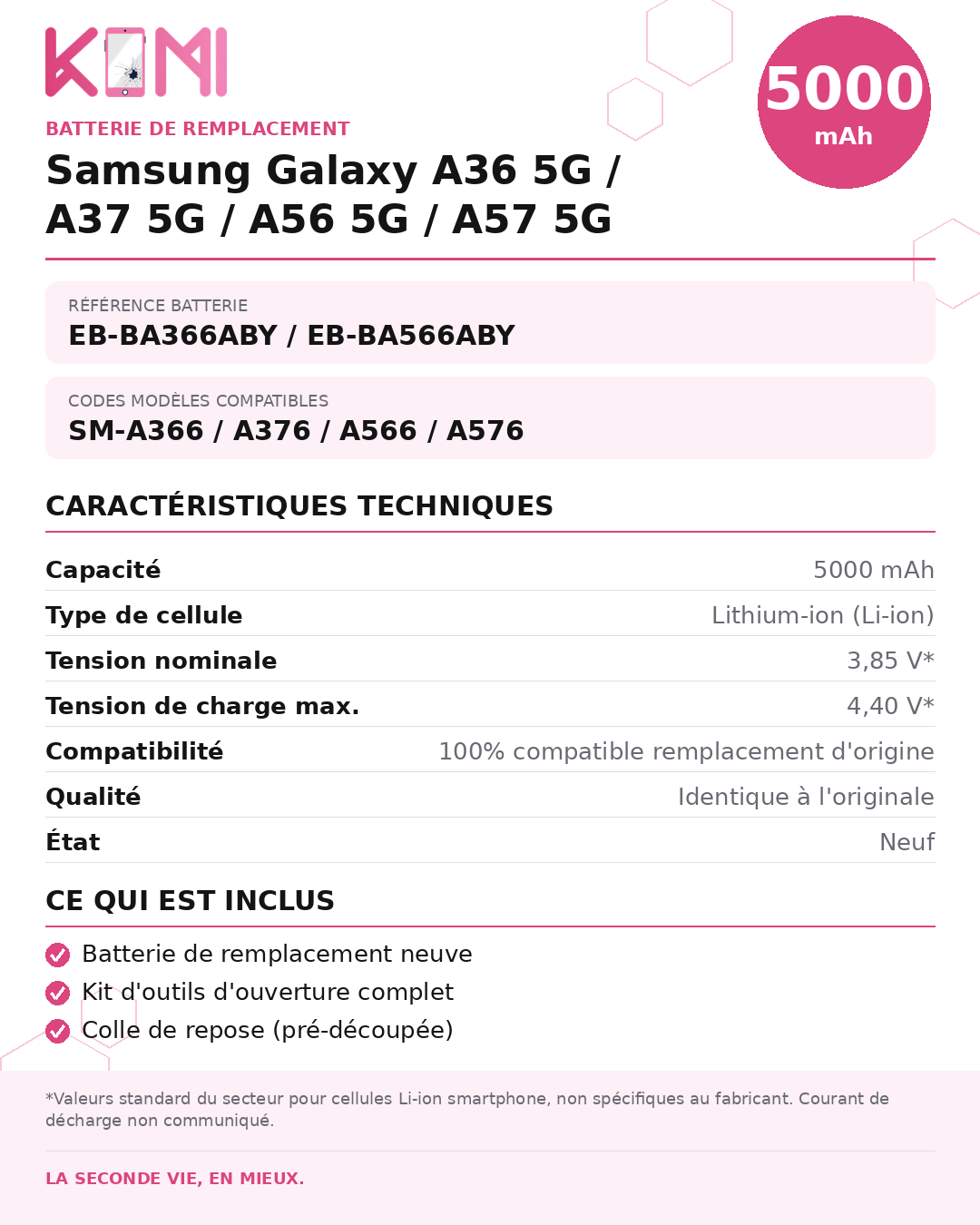 Fiche produit KOMI - Batterie Samsung A36 5G / A37 5G / A56 5G / A57 5G