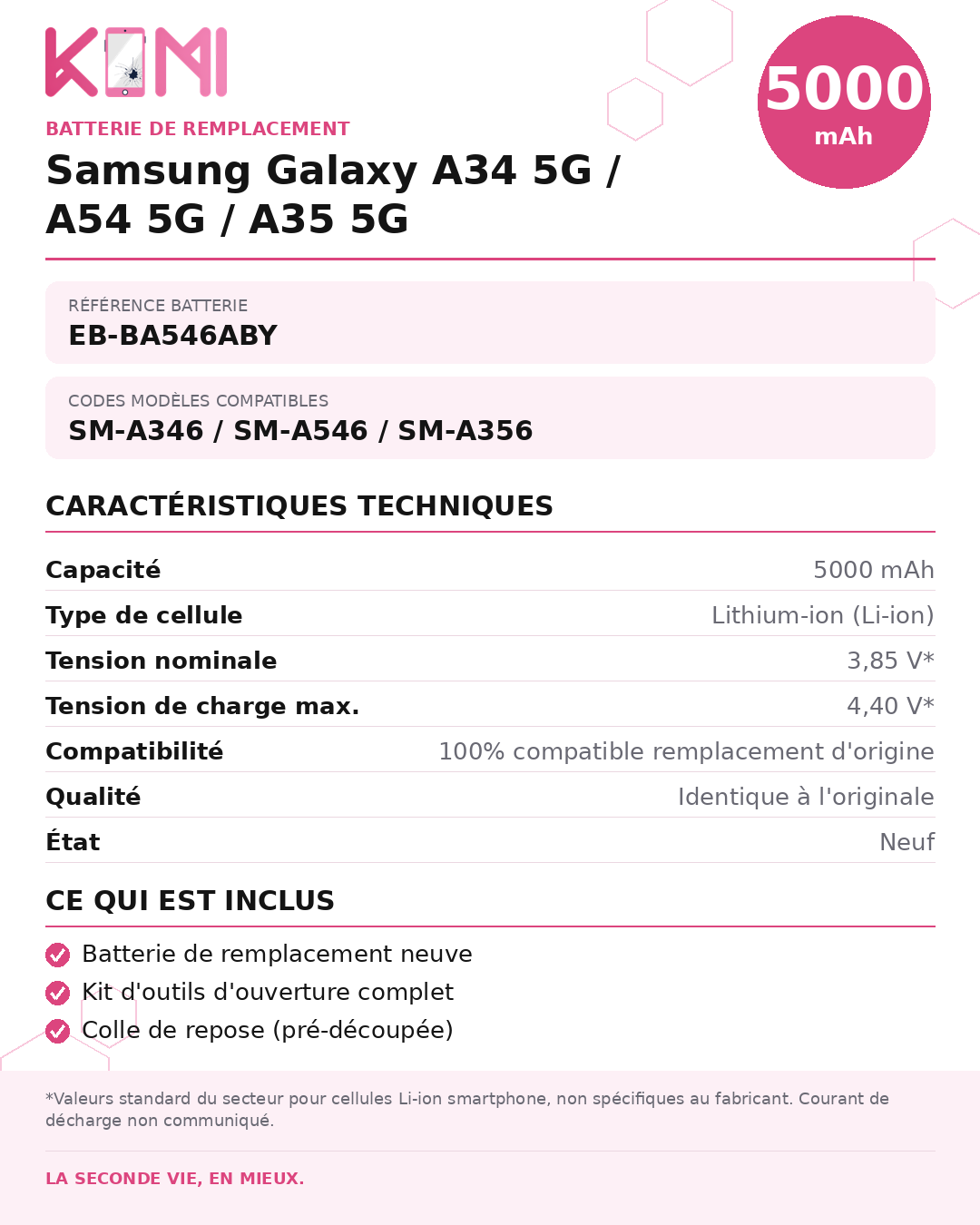 Fiche produit KOMI - Batterie Samsung A34 5G / A54 5G / A35 5G