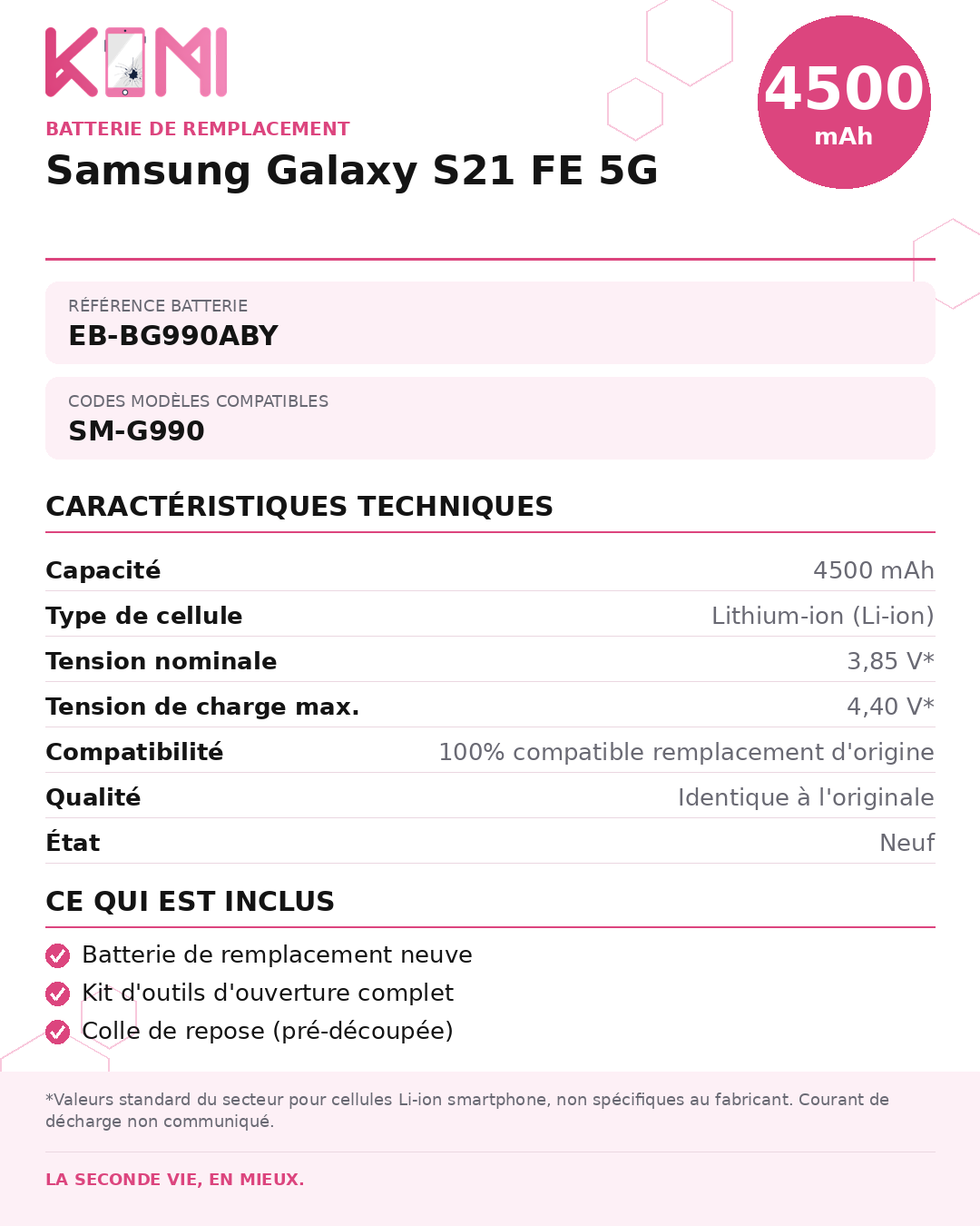 Fiche produit KOMI - Batterie Samsung S21 FE 5G