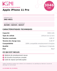 Fiche produit KOMI - Batterie iPhone 11 Pro