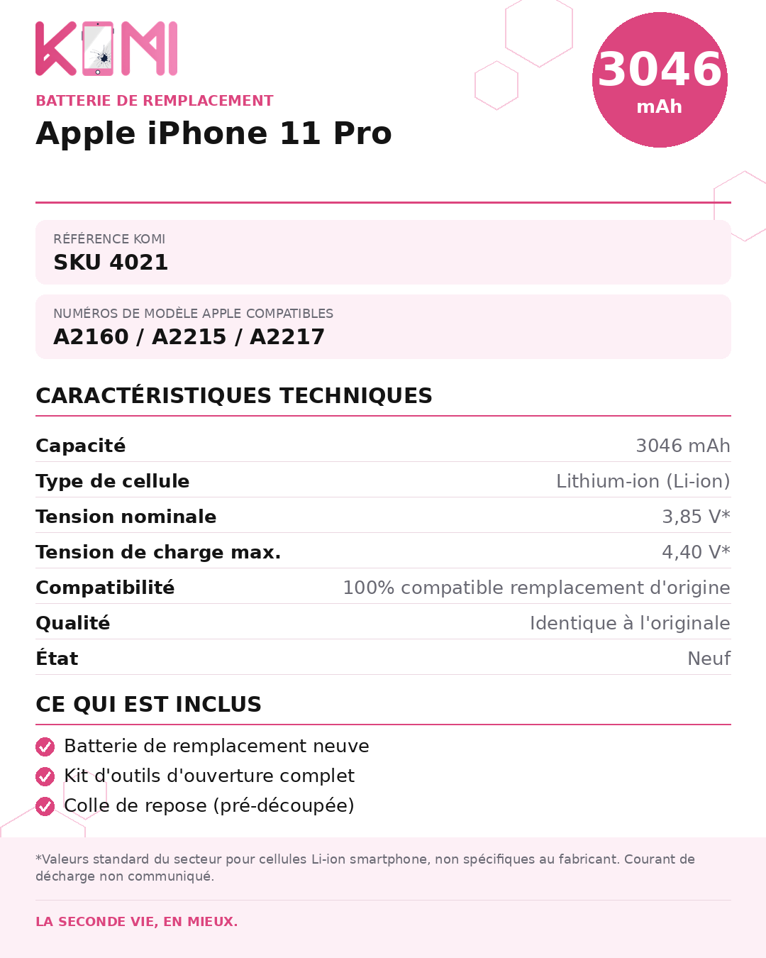 Fiche produit KOMI - Batterie iPhone 11 Pro