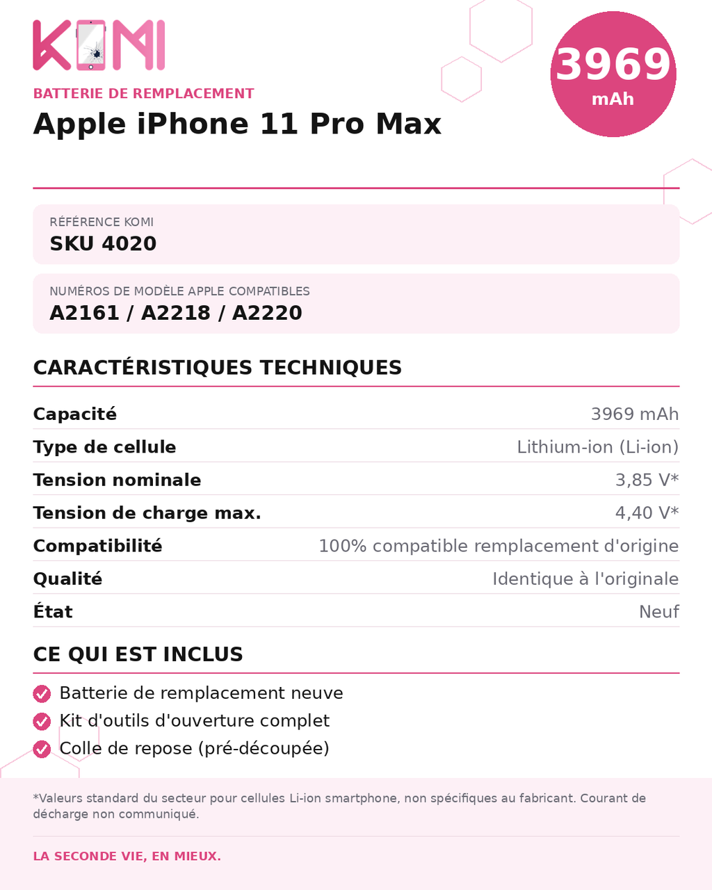 Fiche produit KOMI - Batterie iPhone 11 Pro Max