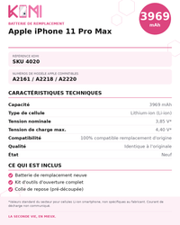 Fiche produit KOMI - Batterie iPhone 11 Pro Max