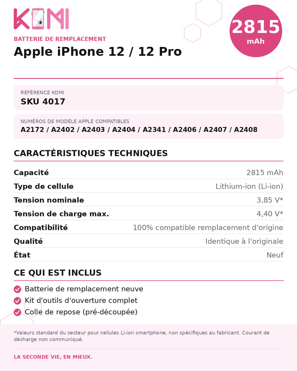 Fiche produit KOMI - Batterie iPhone 12 / 12 Pro