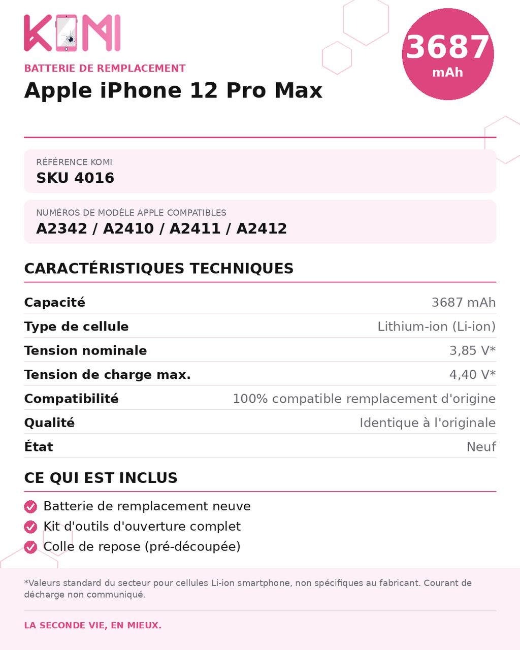 Fiche produit KOMI - Batterie iPhone 12 Pro Max