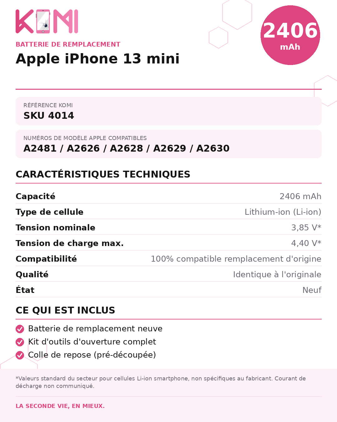 Fiche produit KOMI - Batterie iPhone 13 mini