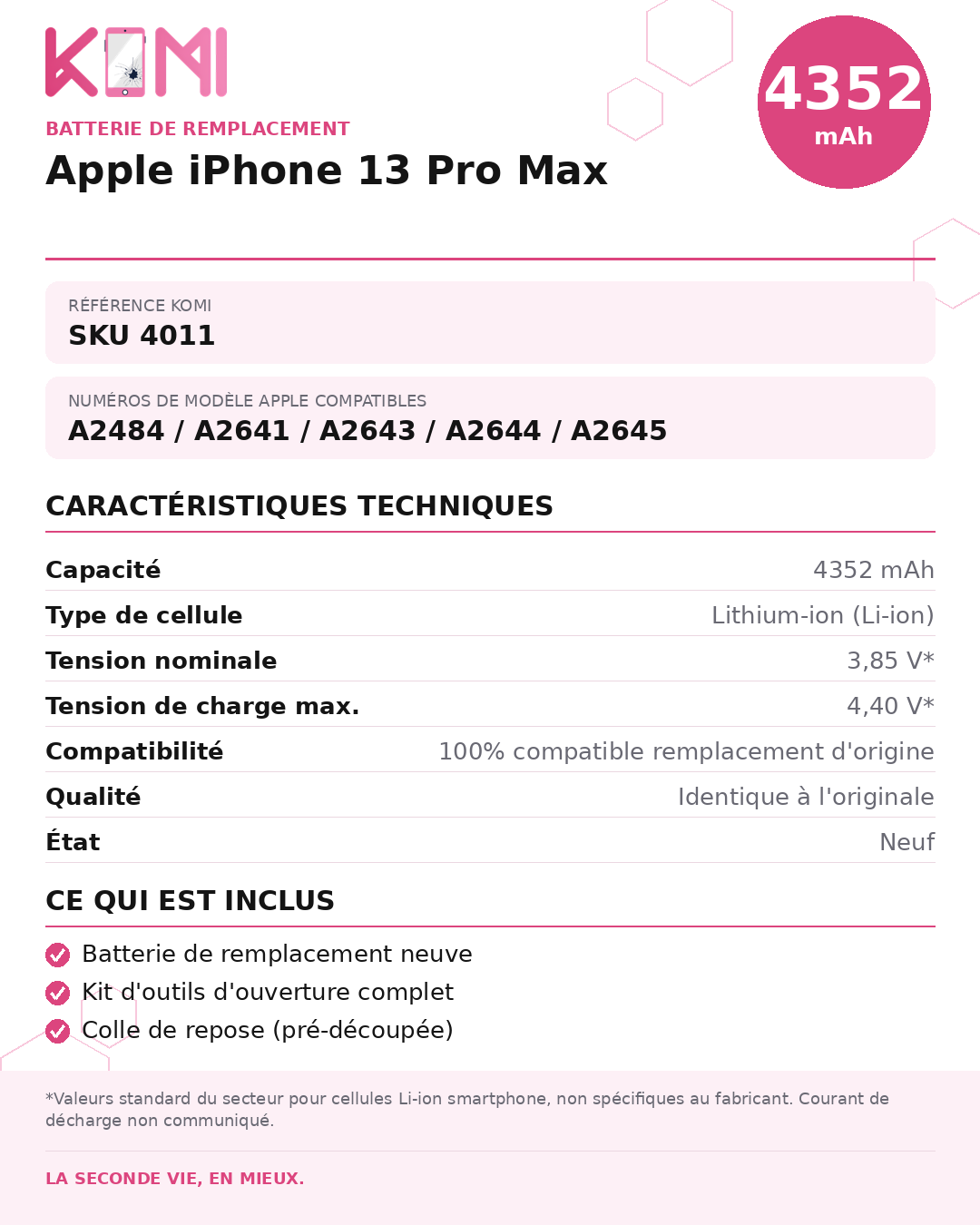 Fiche produit KOMI - Batterie iPhone 13 Pro Max