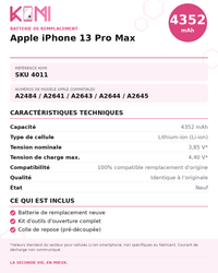 Fiche produit KOMI - Batterie iPhone 13 Pro Max