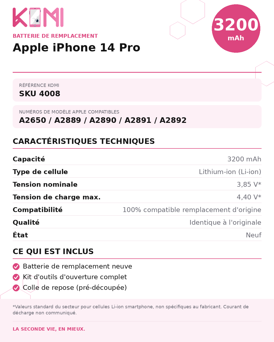 Fiche produit KOMI - Batterie iPhone 14 Pro