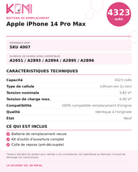 Fiche produit KOMI - Batterie iPhone 14 Pro Max