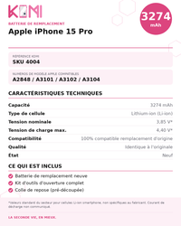 Fiche produit KOMI - Batterie iPhone 15 Pro