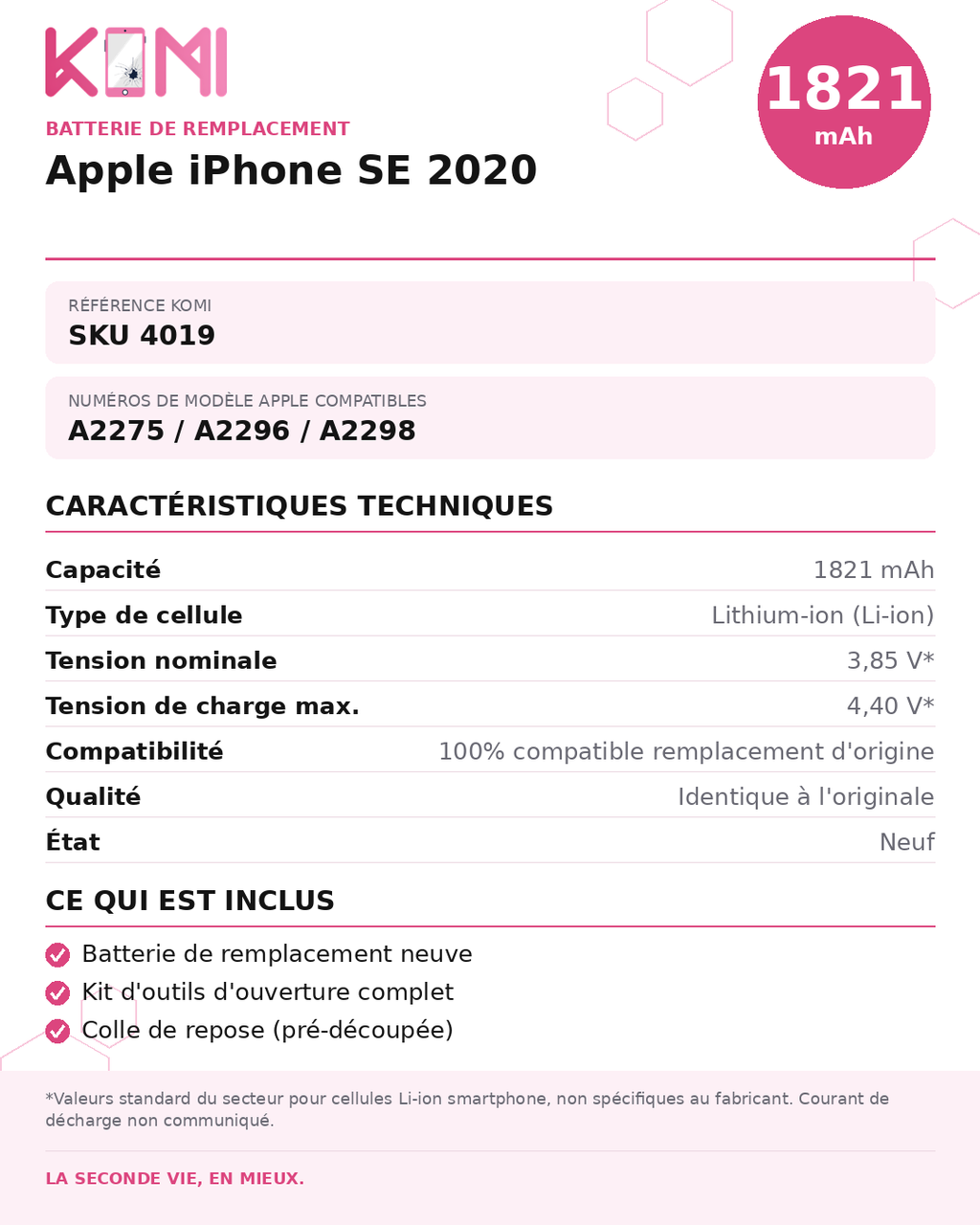 Fiche produit KOMI - Batterie iPhone SE 2020