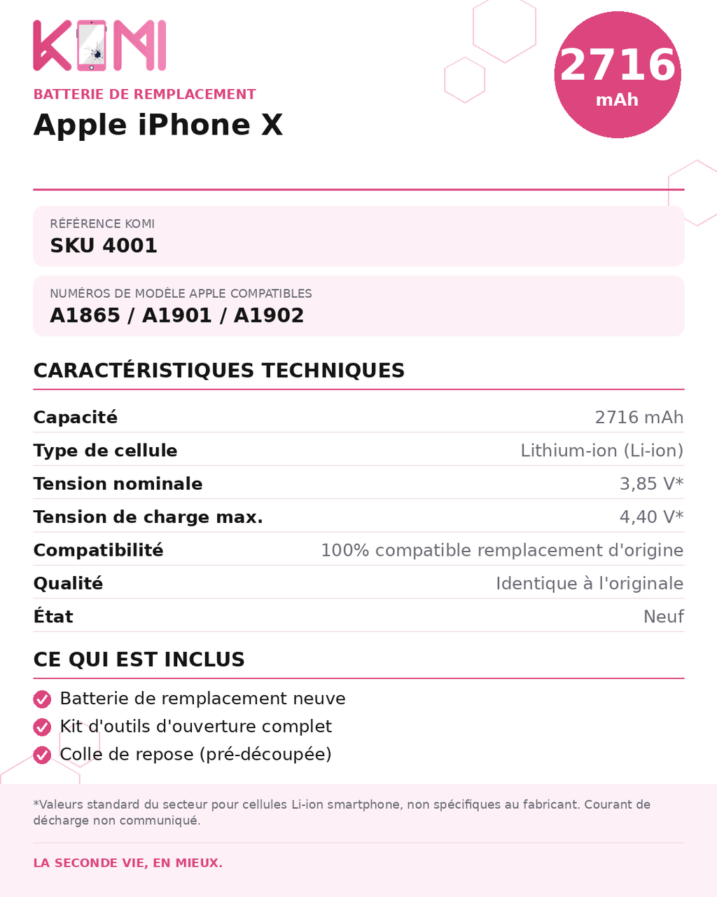 Fiche produit KOMI - Batterie iPhone X