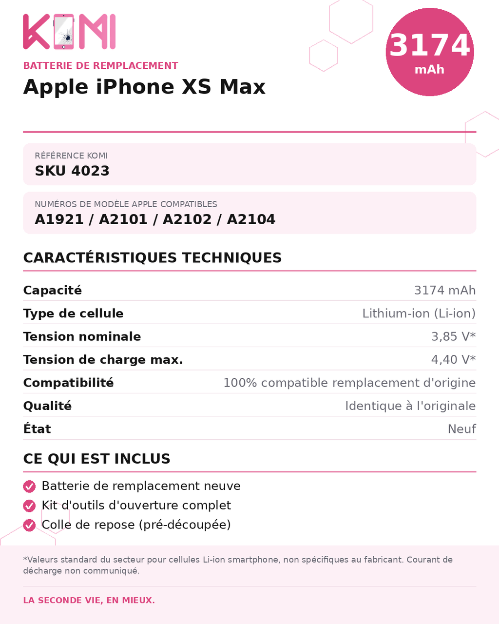 Fiche produit KOMI - Batterie iPhone XS Max