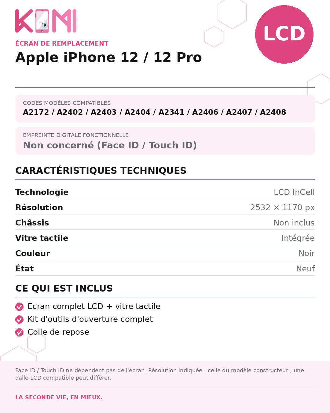 Fiche produit KOMI - Écran Apple iPhone 12 / 12 Pro LCD