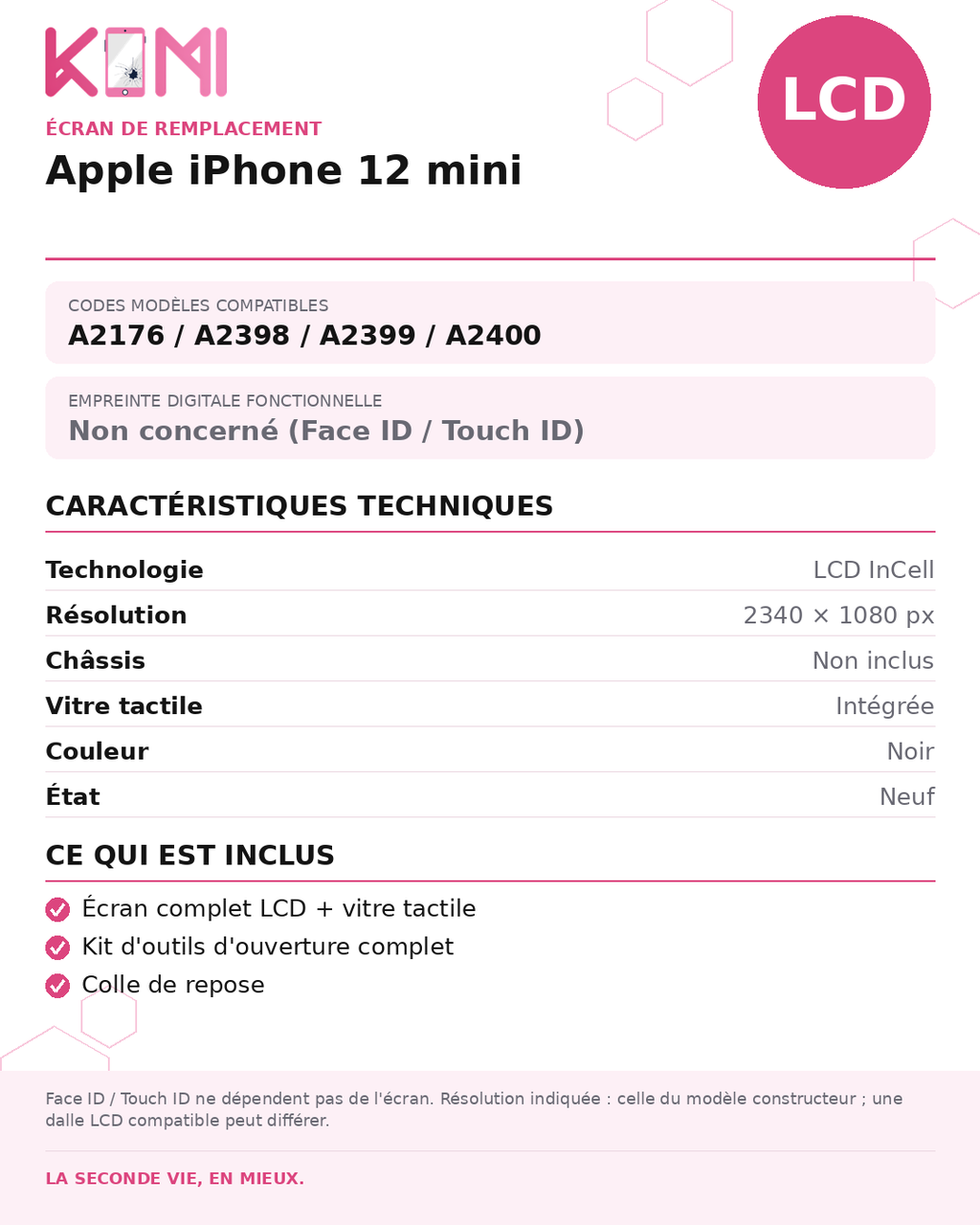 Fiche produit KOMI - Écran Apple iPhone 12 mini LCD