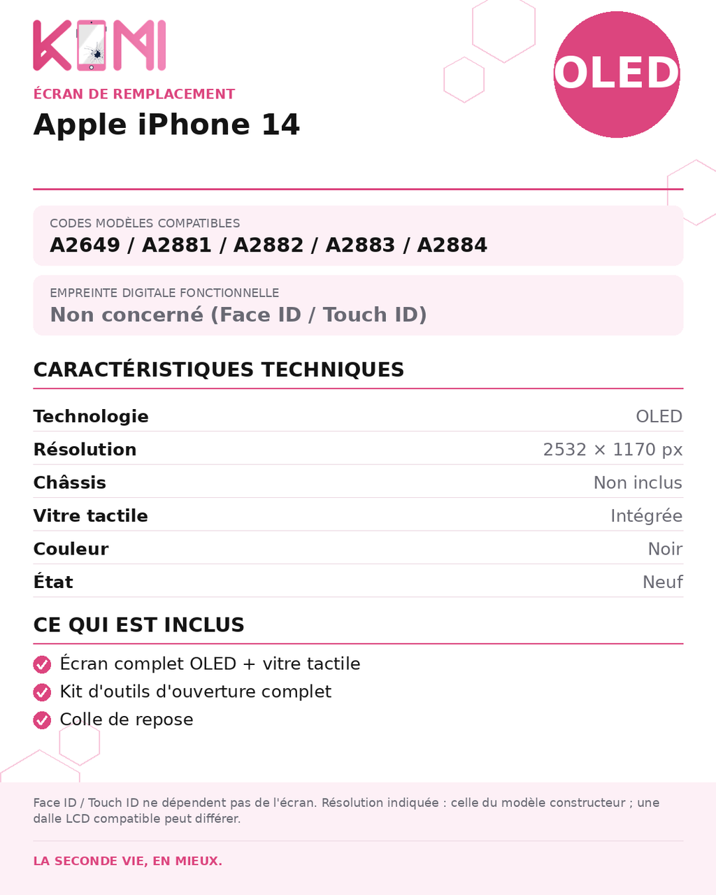 Fiche produit KOMI - Écran Apple iPhone 14 OLED