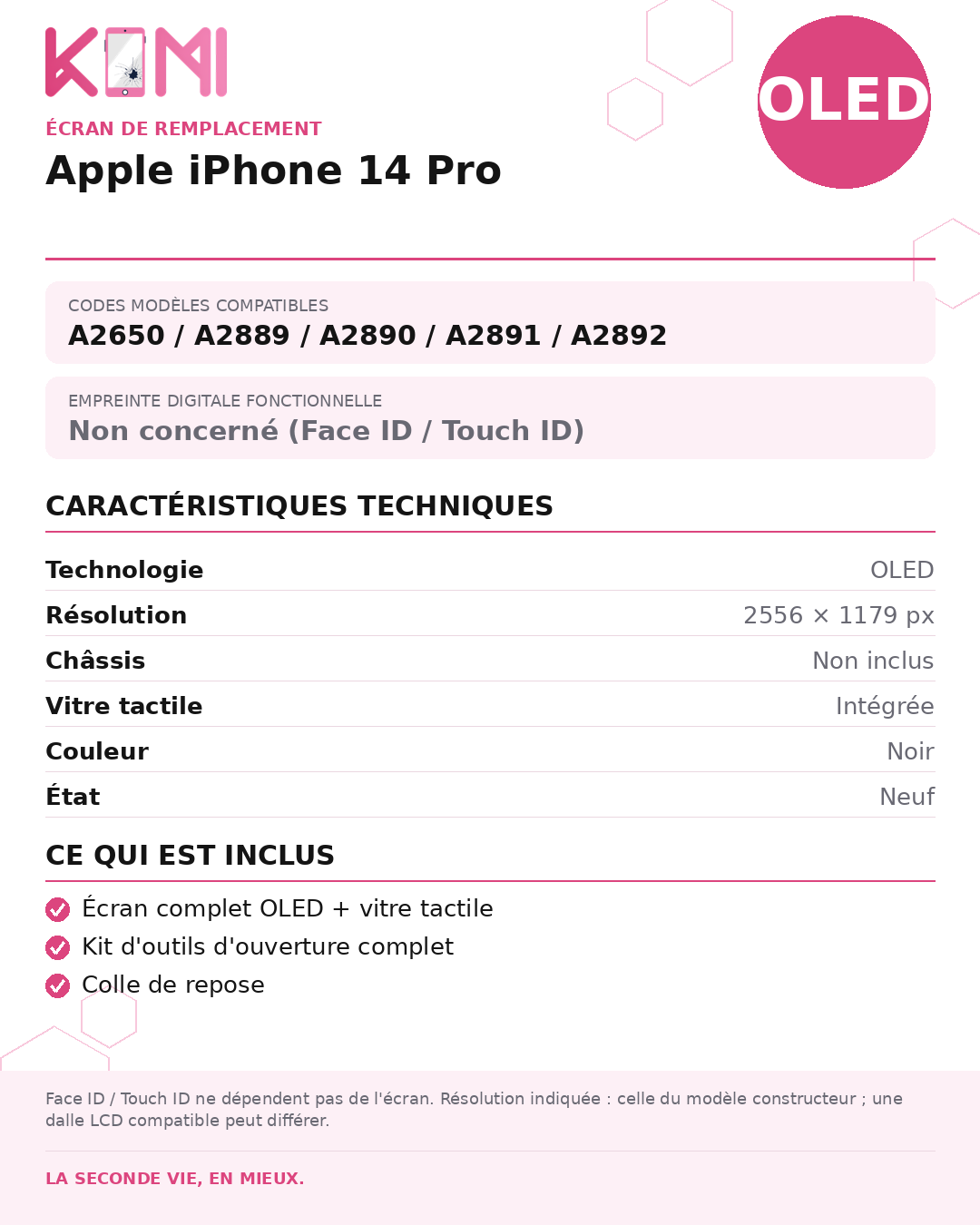 Fiche produit KOMI - Écran Apple iPhone 14 Pro OLED