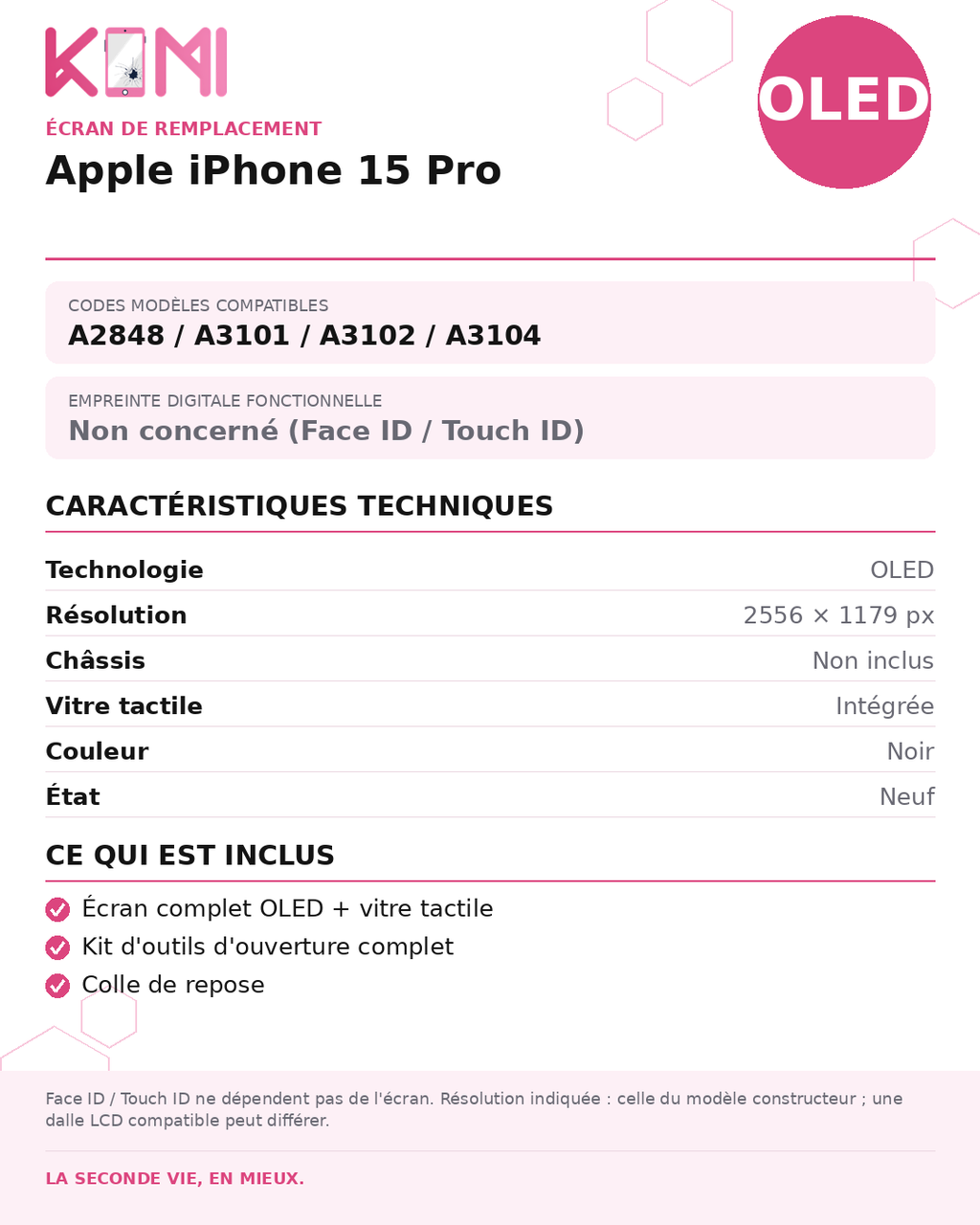 Fiche produit KOMI - Écran Apple iPhone 15 Pro OLED