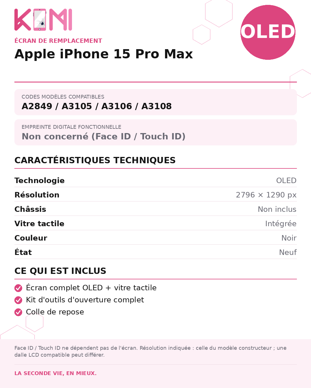 Fiche produit KOMI - Écran Apple iPhone 15 Pro Max OLED