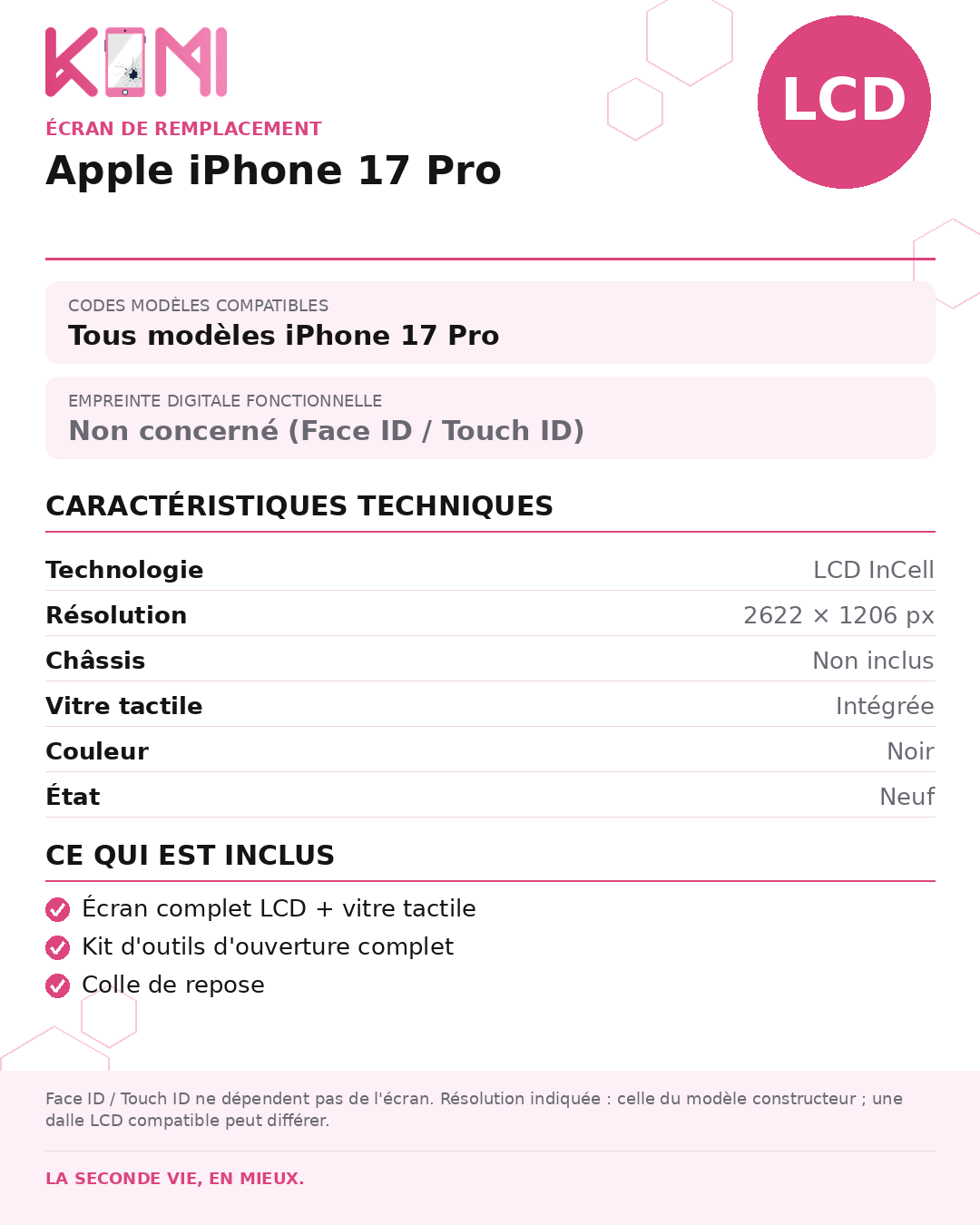 Fiche produit KOMI - Écran Apple iPhone 17 Pro LCD