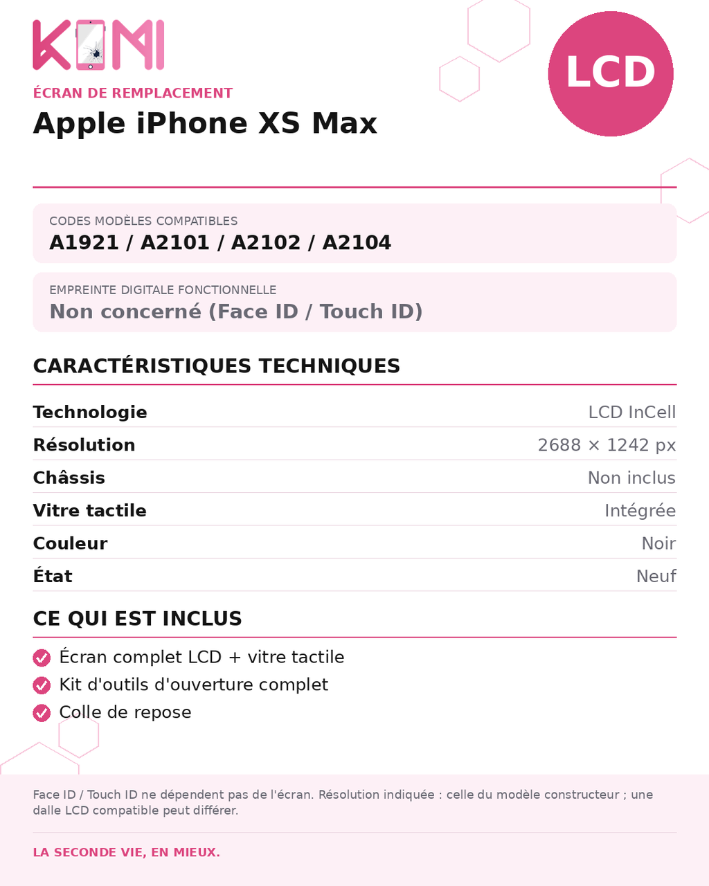 Fiche produit KOMI - Écran Apple iPhone XS Max LCD