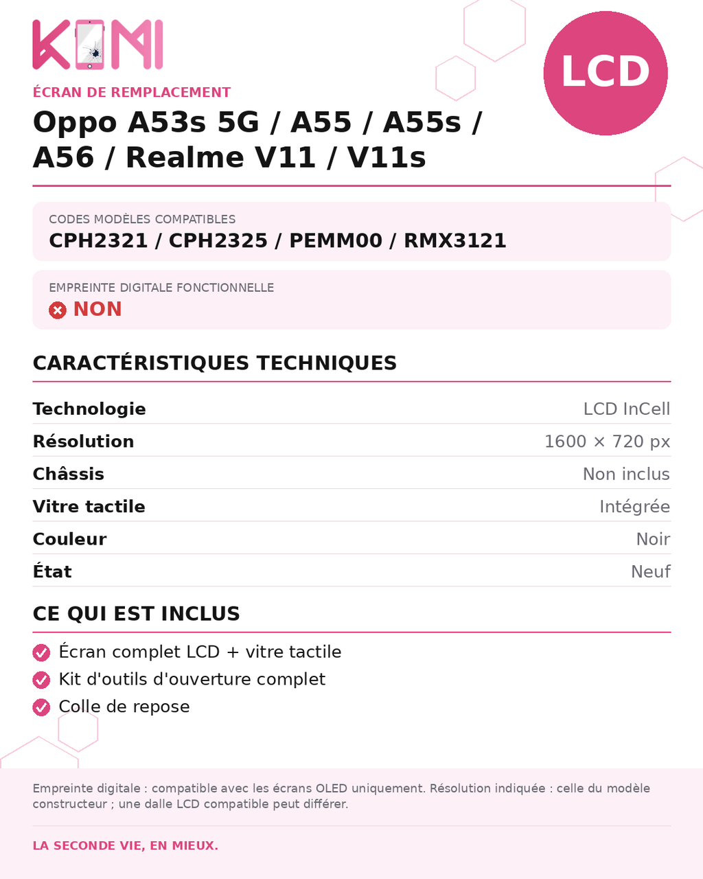 Fiche produit KOMI - Écran Oppo A53s 5G / A55 / A55s / A56 / Realme V11 / V11s LCD
