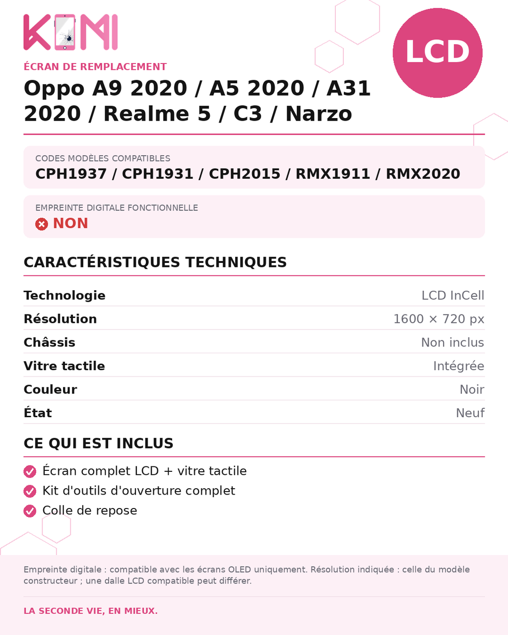 Fiche produit KOMI - Écran Oppo A9 2020 / A5 2020 / A31 2020 / Realme 5 / C3 / Narzo 10A LCD
