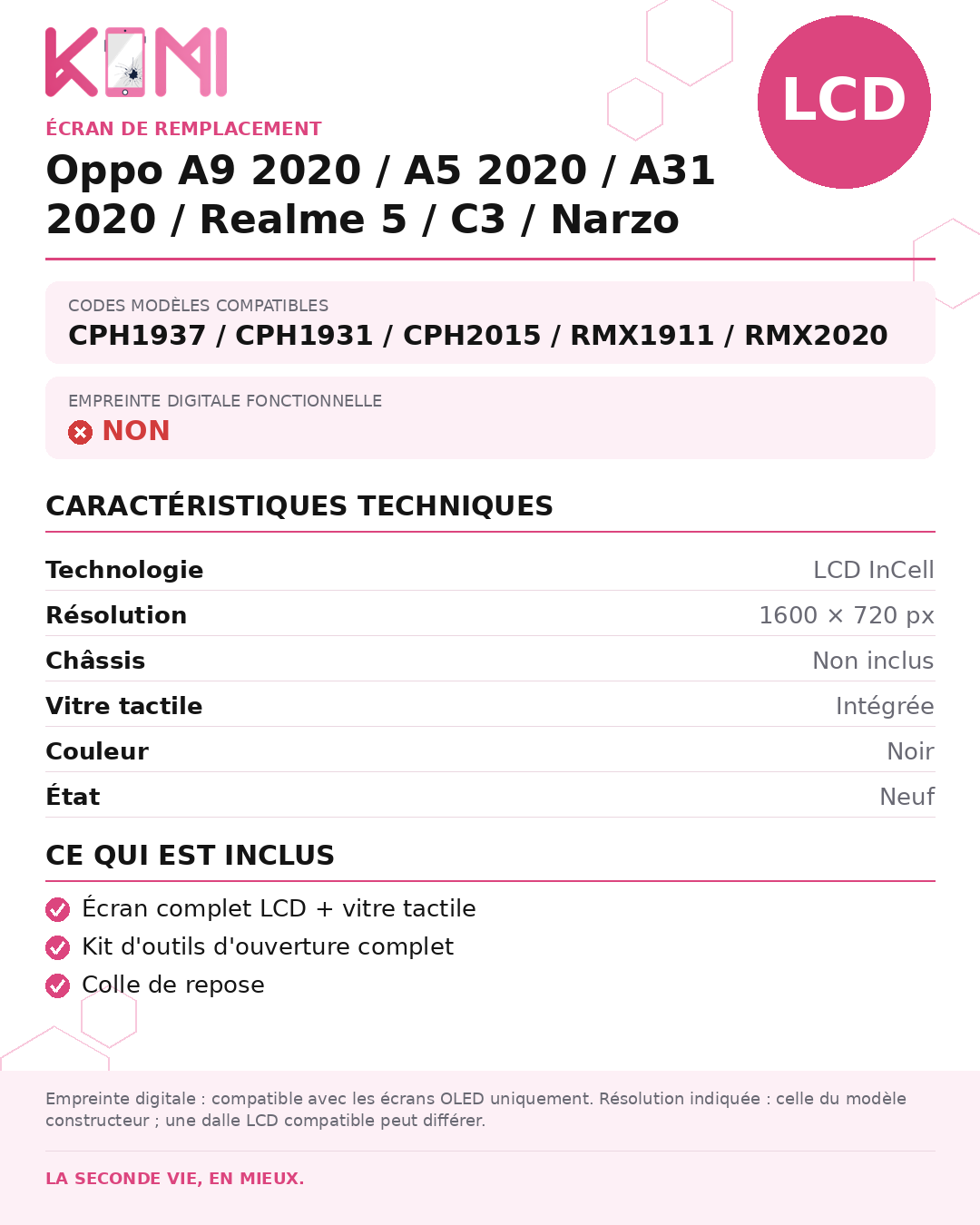 Fiche produit KOMI - Écran Oppo A9 2020 / A5 2020 / A31 2020 / Realme 5 / C3 / Narzo 10A LCD