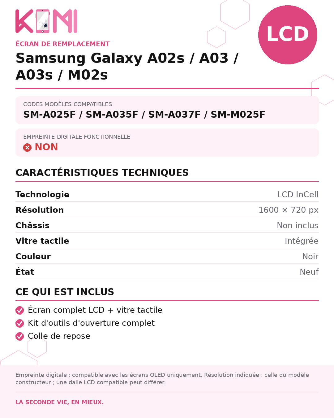 Fiche produit KOMI - Écran Samsung Galaxy A02s / A03 / A03s / M02s LCD