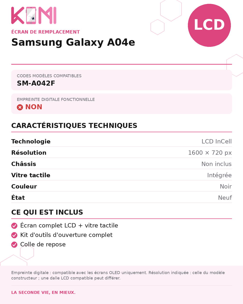 Fiche produit KOMI - Écran Samsung Galaxy A04e LCD
