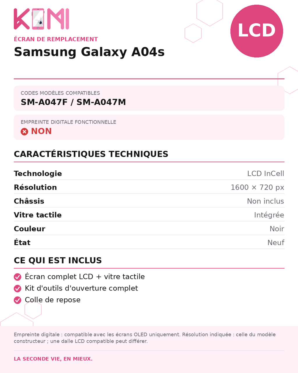 Fiche produit KOMI - Écran Samsung Galaxy A04s LCD