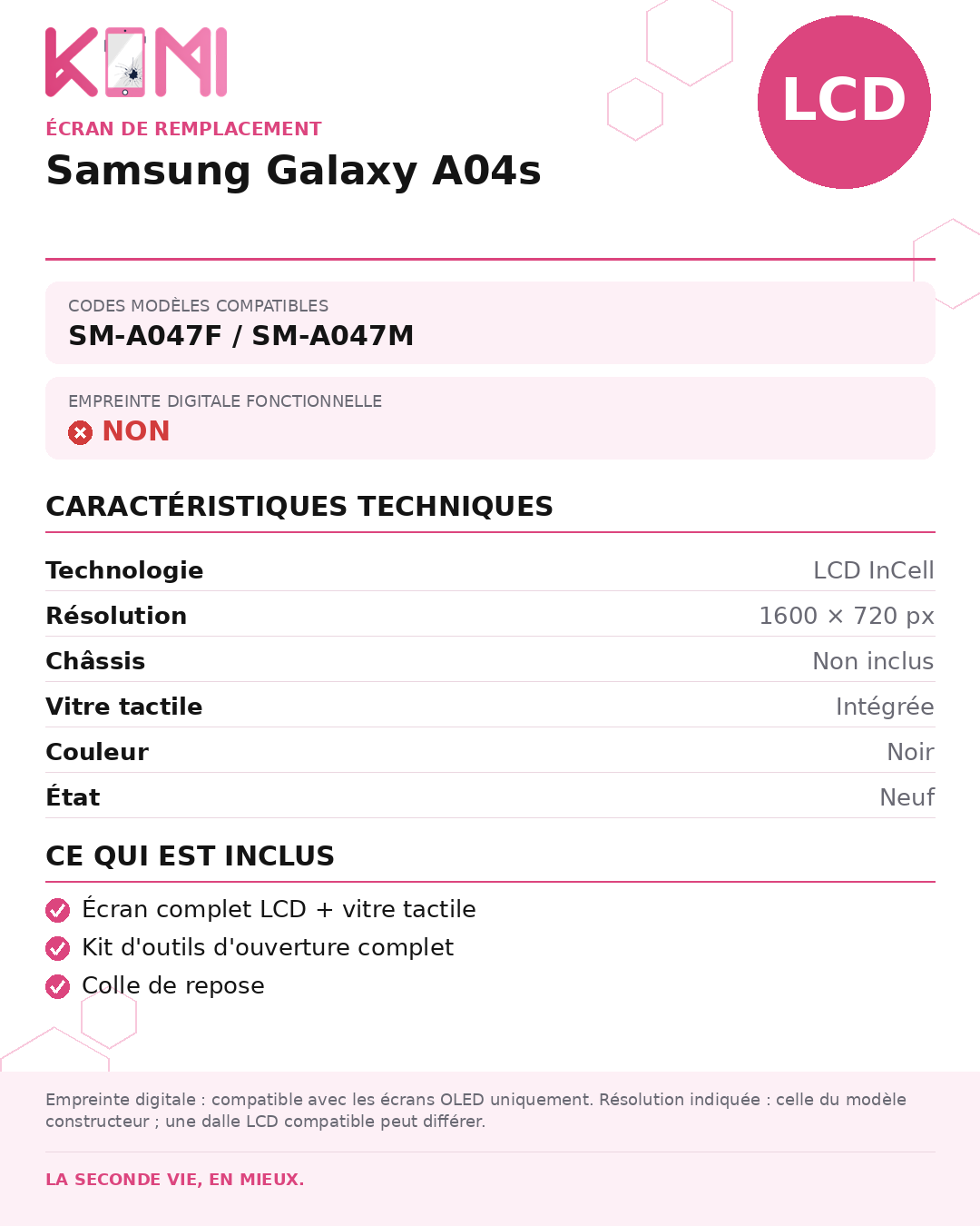 Fiche produit KOMI - Écran Samsung Galaxy A04s LCD
