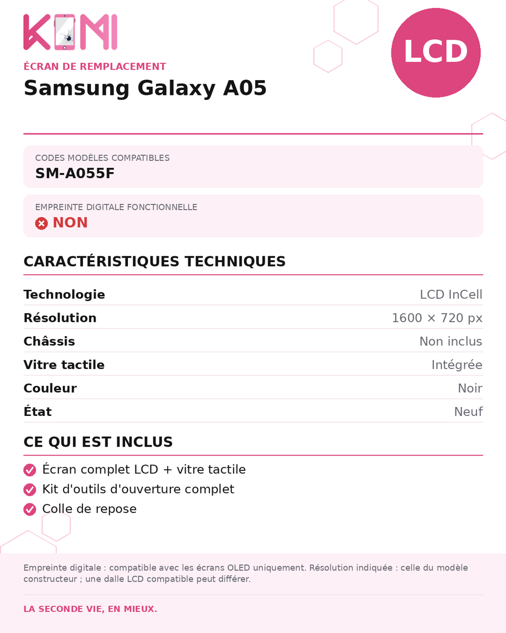Fiche produit KOMI - Écran Samsung Galaxy A05 LCD