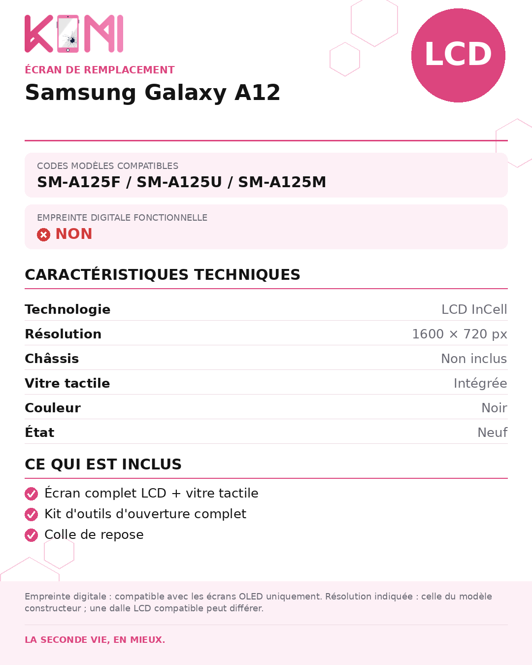 Fiche produit KOMI - Écran Samsung Galaxy A12 LCD