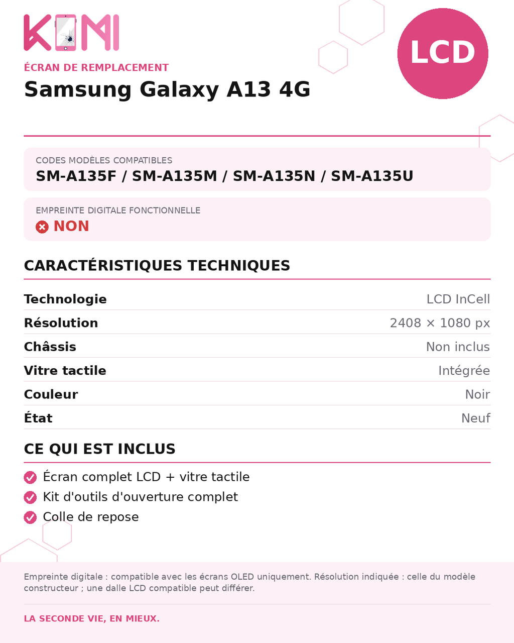 Fiche produit KOMI - Écran Samsung Galaxy A13 4G LCD